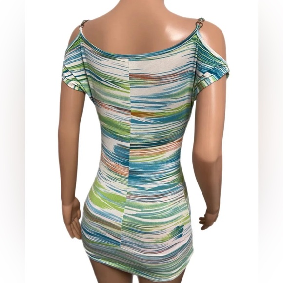 Sexy Blue Stripe Style banded Draped bust Green chain stones top Cold Shoulders - Picture 4 of 5